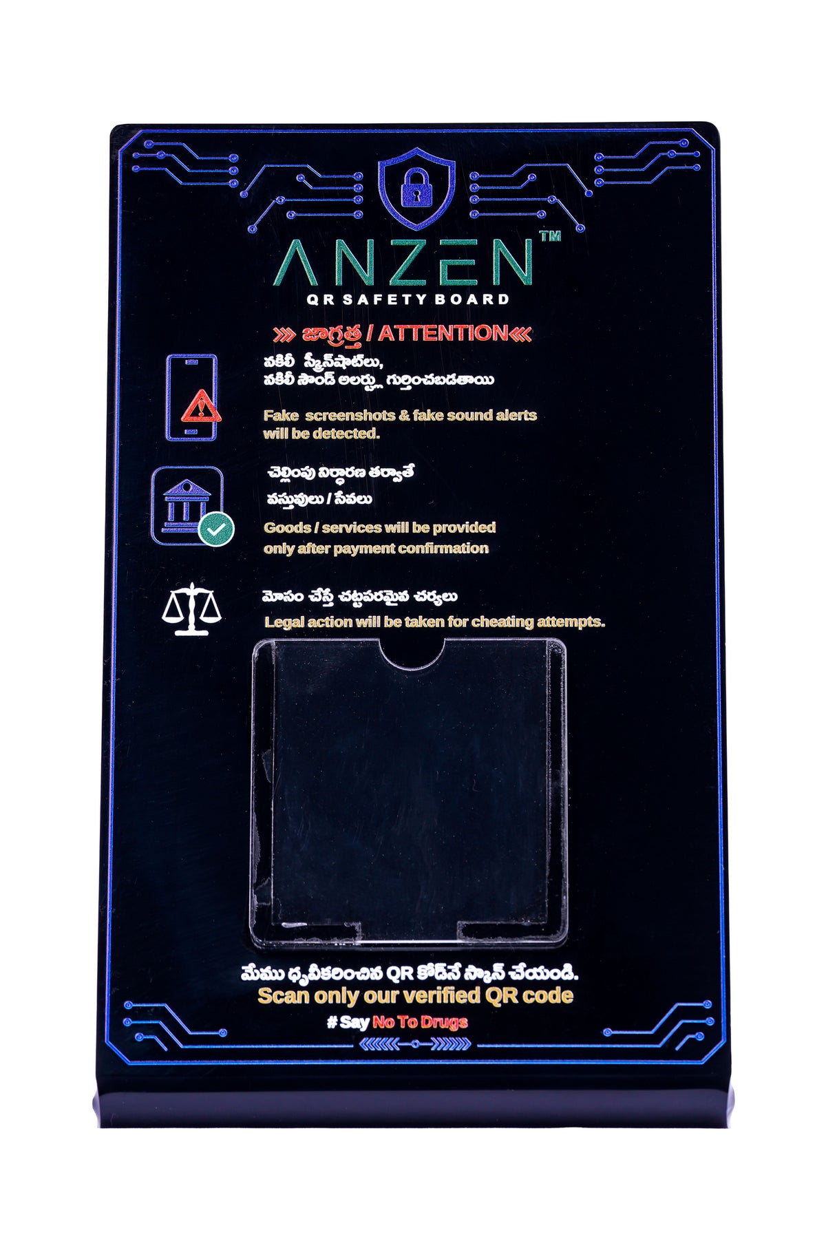 Anzen™ QR Safety Board (Telugu - English) - Small (Size: 3*5*8 Inches (7.62× 12.70 × 20.32 cm))
